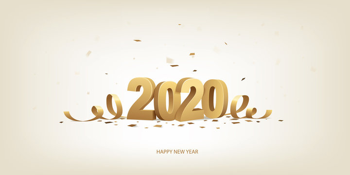 Happy New Year 2020. Golden 3D numbers with ribbons and confetti on a bright background.