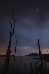 Moonlight on the lake At night and the tree stump