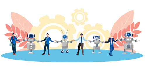Metaphor of friendship, cooperation of people and technology. Chain of human and robots. In minimalist style. Flat isometric