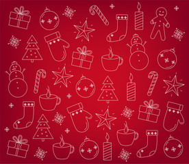 Set of christmas decorations outlines. Gift boxes, baubles, snowflakes, candles, hot tea, lollipop and gingerbread man cookies. Red background vector