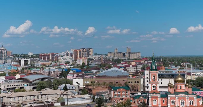 Timelapse of the city Barnaul view of the city and church, Altai, Russia.