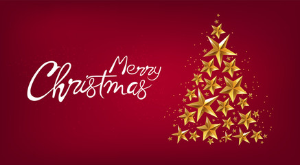 Fototapeta na wymiar Merry christmas banner with golden stars fir tree. Red background vector