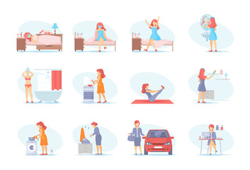 Young woman, office worker and housewife everyday life. Sleeping, waking up from sleep, morning hygiene, cooking kitchen, home cleaning, go to work by car, office worker vector cartoon illustration