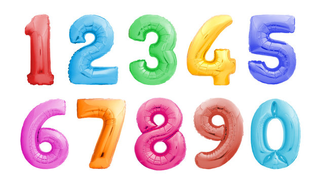 Colorful numbers from one 1 to zero 0 made of inflatable balloons isolated on white background. Colorful helium balloons forming full number set from 1 to 0