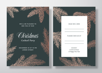 Christmas and New Year Abstract Vector Greeting Card, Poster or Background. Back and Front Design Layout with Classy Typography. Sketch Pine Branches, Strobile. Brass Gradient Invitation