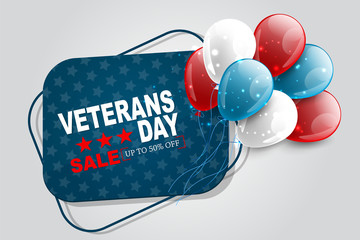 Veterans Day sale. Honoring all who served. USA style decoration graphics. National holiday design concept. Red and blue bunch of balloons. Vector illustration.