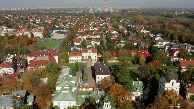 Aerial view on the roofs of ancient buildings in a suburb of Warsaw. Poland.  Drone shot at cottage ryan Vilanow Warsaw.