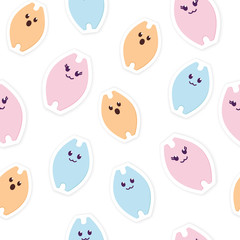 Seamless Pattern of Kawaii Cat Stickers. Cute smiling Kitty Girl. Simple Paper Cut flat style. For kid cards, room decor, web. Pastel color character isolated on white. Printable
