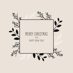 Merry Christmas modern card with frame banner greetings fir pine branches black white on beige background