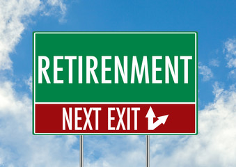 Next exit for retirenment green road sign over blue sky background. Concept road sign collection.