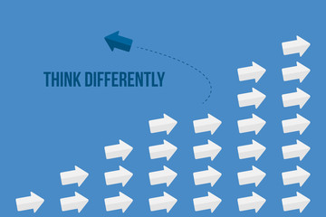 Think differently concept. Blue arrow changing direction. New idea, change, trend, courage, creative solution, innovation and unique way concept.	