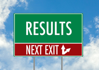 Next exit for results green road sign over blue sky background. Concept road sign collection.
