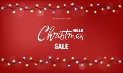 Christmas sale greeting card with white fairy lights. Red background vector