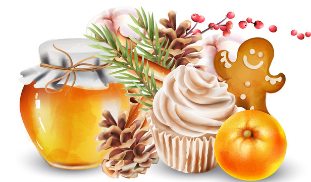 Christmas watercolor decorations with jar of honey, conifer cone, fir leaves, walnut cupcakes, orange, red berries, cotton, cinnamon sticks and gingerbread cookies. Vector