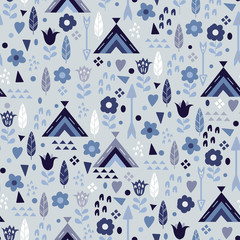 Cute seamless pattern for kids, vector. Texture with cute graphic elements: flowers, wigwams, arrows and feathers. Vector illustration in blue pastel colors