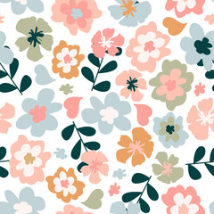 Seamless pattern with colorful pretty flowers, leaves and floral elements. Floral colorful design for baby products, fabric, wallpaper and more