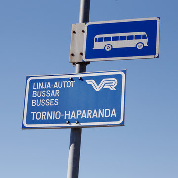 Kemi, Finland - July 20, 2016: Bus stop at Kemi railroad station for busses with the destination cities of  Tornio and Haparanda operated by VR.