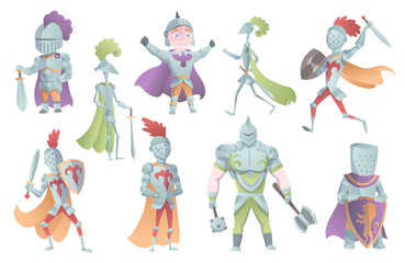 Obraz na płótnie Canvas Medieval Knights In Full Armor Set Of Flat Illustrations. The comic caricature. Funny Cartoon Knights.