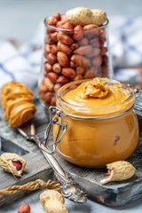 Jar with creamy peanut butter.