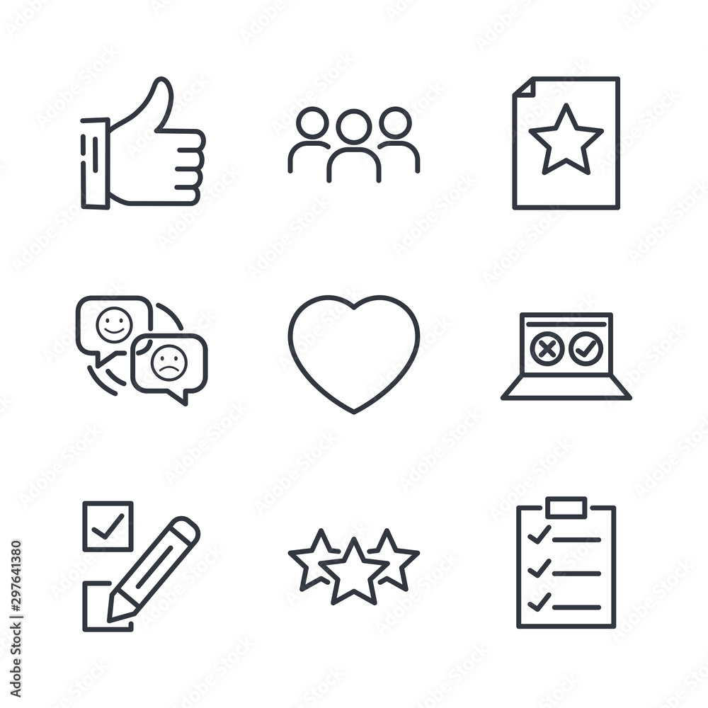 Aufkleber icons set of survey related vector simple line. management line icon. startup strategy and employees