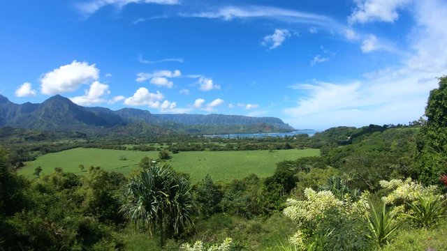 Wide angle overview of the lush green valley mountains and NaPali coast ocean waterfront in Hanalei Bay, Kauai Island/Hawaii