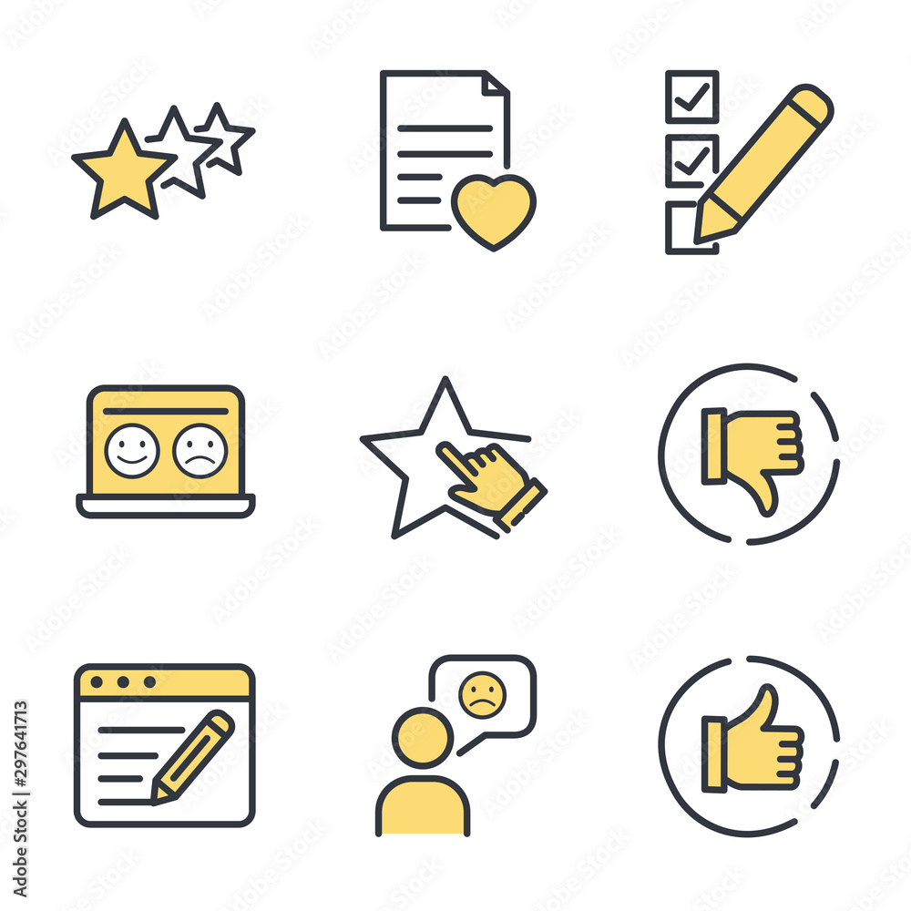 Poster Icons Set of Survey Related Vector Simple Line. Management line icon. Startup strategy and Employees linear symbol. Customer Opinion, Web Survey and more, Startup and Teamwork symbols
