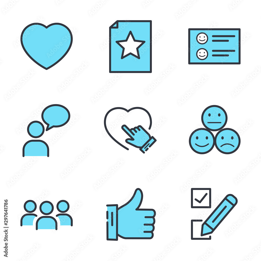 Aufkleber icons set of survey related vector simple line. management line icon. startup strategy and employees