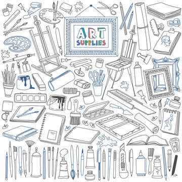 Arts supplies doodle set. Drawing, painting, and design equipment, materials and tools.