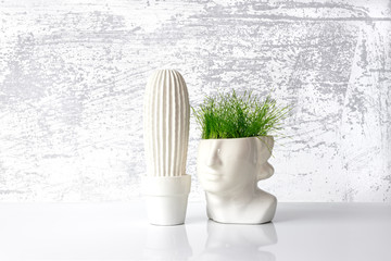 Grass growing in a head planter on distressed concrete background.