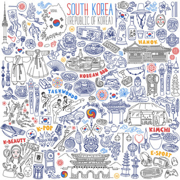 South Korea traditional symbols, food and landmarks doodle set. Korean characters on bottle translation: soju (traditional alcoholic drink).