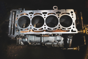 Disassembled cylinder block. Engine repair services, Close-up.