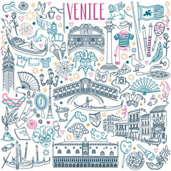Fototapeta na wymiar Venice doodle set. Venetian carnival masks, landmarks, italian cuisine and gondolas. Vector drawing isolated on white background