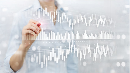 Candles chart diagram graph stock trading investment business finance concept mixed media double exposure virtual screen.