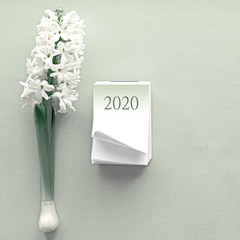 Tear-off calendar with work path for the the sheet with ”2020”. Hyacinth flower on canvas background.