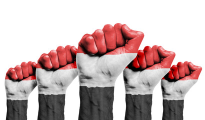 A raised fist of a protesters painted with the Yeman flag