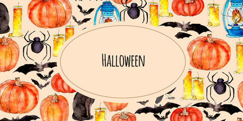Bright watercolor halloween illustration with thematic elements.