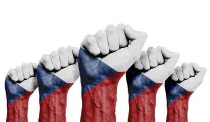 A raised fist of a protesters painted with the Czech Republic flag