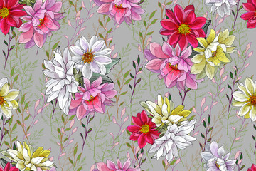 Beautiful Floral Seamless Pattern with Multi-colored Dahlias and Branch on Gray Background. For Textile, Wallpapers, Print, Greeting. Vector Illustration.