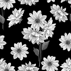 Monochrome floral seamless pattern with dahlias. Black and white flowers on black background. For textile, wallpapers, print, greeting, web pages. Monochrome. Vintage style. Vector.