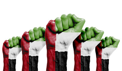A raised fist of a protesters painted with the UAE flag