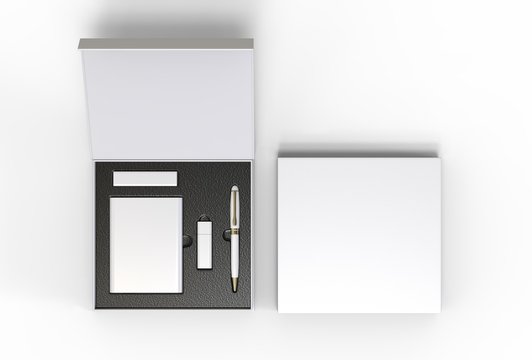 Tech gift set paper hard box for branding. 3d render illustration.