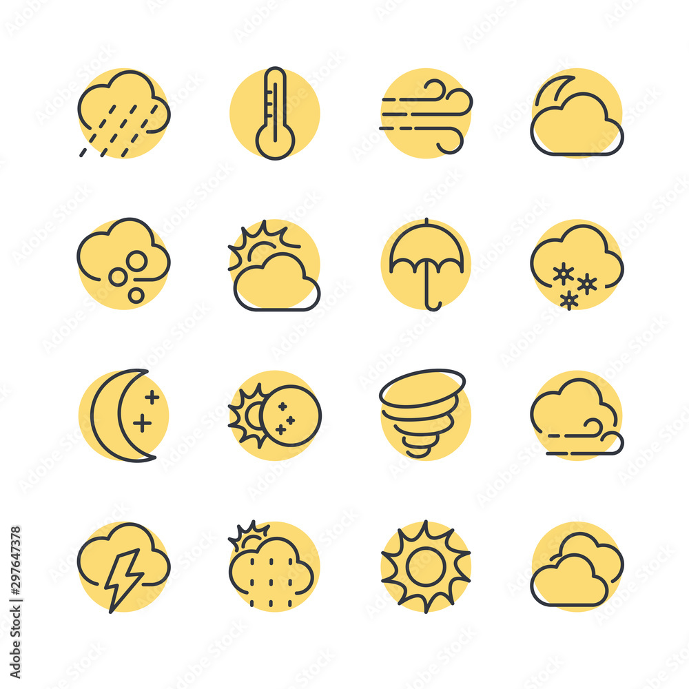 Poster weather line icon template color editable. wind, blizzard, sun, rain and more vector illustration fo