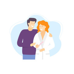 Enamoured couple finding out results of a pregnancy test. Woman holding positive pregnancy test in hand. Two test strips.  Woman with baby test. Vector illustration on the white background.