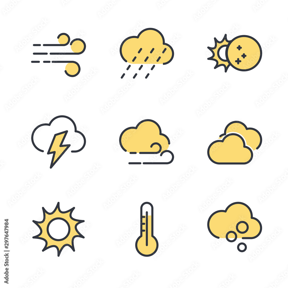 Poster Weather line icon template color editable. Wind, Blizzard, Sun, Rain and more vector illustration for graphic and web design. Weather symbol vector sign isolated on white background.