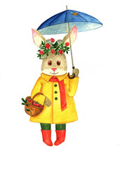 Autumn hare goes for mushrooms. Watercolor hand drawing.