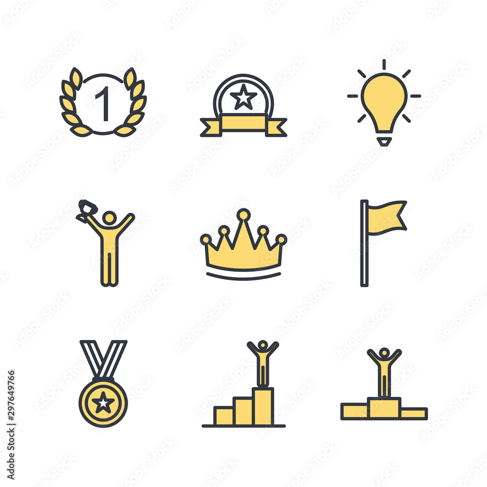 Poster Success Related Vector Line Icons template color editable. Contains such Symbol as Ribbon, Winner, Reward and more on white background illustration for graphic and web design.