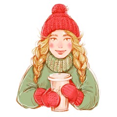 Pretty young woman holdin coffe cup. Beautiful Smiling Winter Girl in wooden red hat with long blond hair with hot drink. Illustration on white background.
