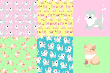 Obraz na płótnie Canvas Big vector set patterns with cat and dog. Four patterns. Two patterns with a cat, two with a dog. The set contains separate images of a cat and a dog. Different backgrounds and textures.