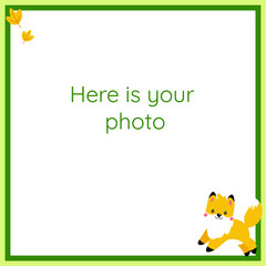 Vector green frame with little baby fox. A fox below the photo frame.