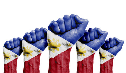 A raised fist of a protesters painted with the Philippines flag